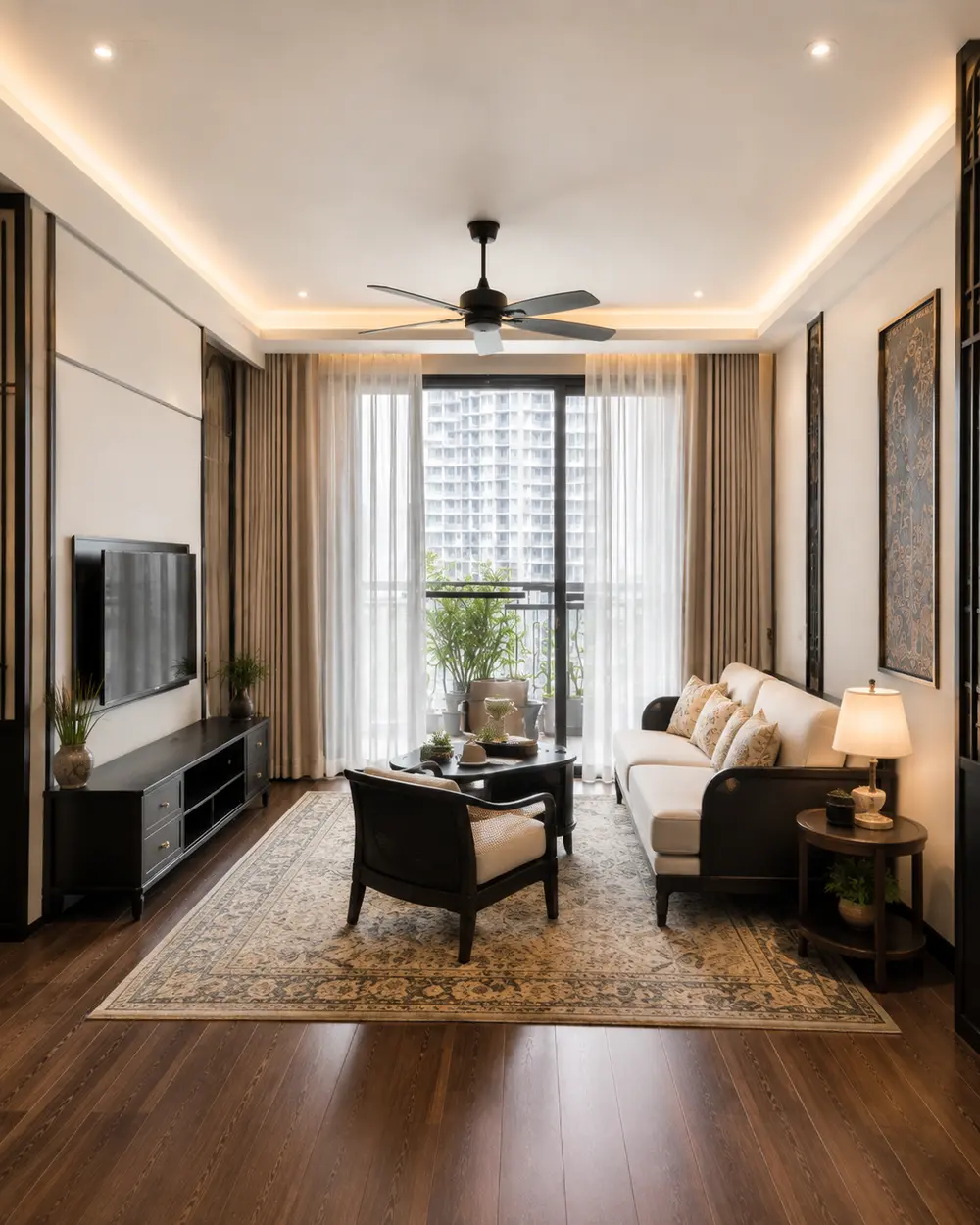 Căn hộ Indochine đương đại 120m² – Hà Nội – Góc nhìn 01 · Phòng khách