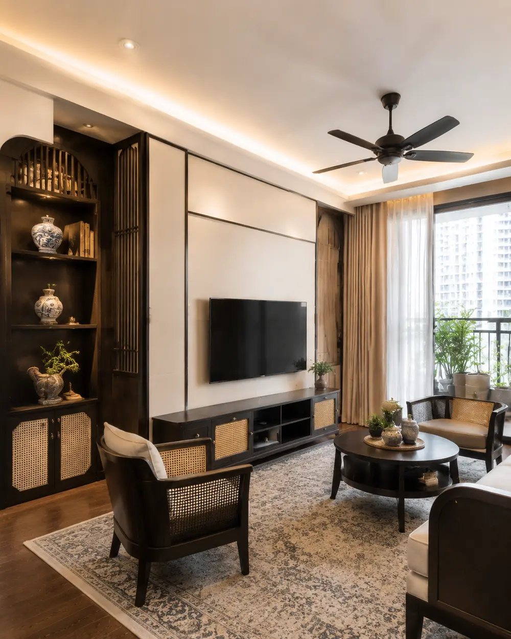 Căn hộ Indochine đương đại 120m² – Hà Nội – Góc nhìn 02 · Phòng khách
