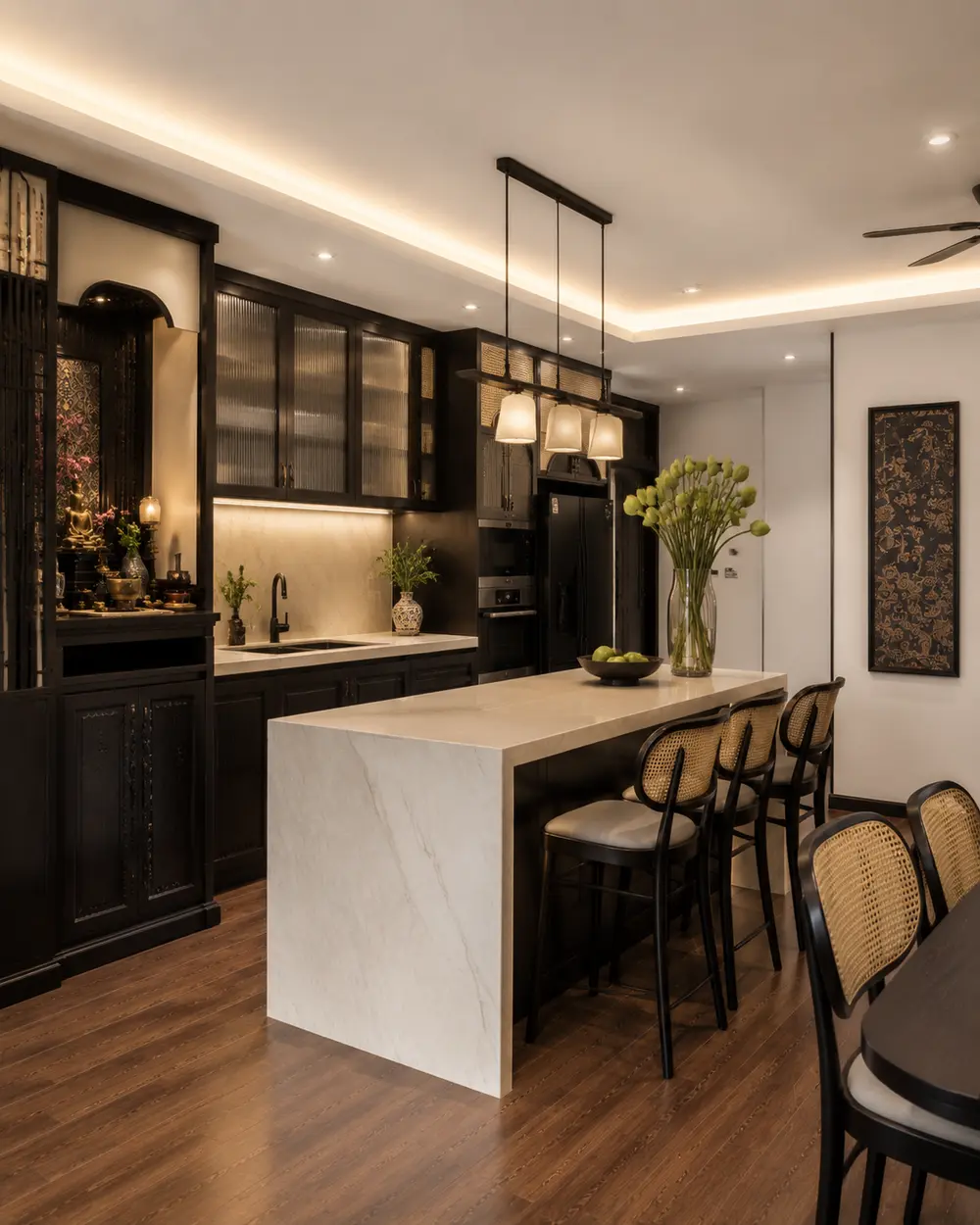 Căn hộ Indochine đương đại 120m² – Hà Nội – Góc nhìn 04 · Khu bếp