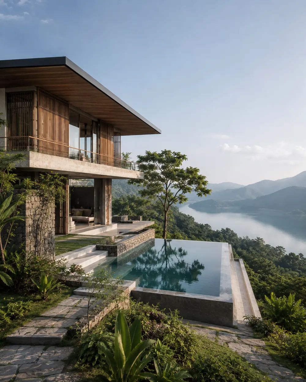 Villa ven hồ – không gian nghỉ dưỡng tại Hòa Bình – Góc nhìn 03 · Không gian hồ bơi