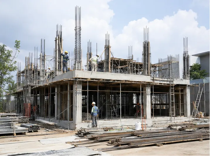 Công trường thi công kết cấu bê tông cốt thép biệt thự
