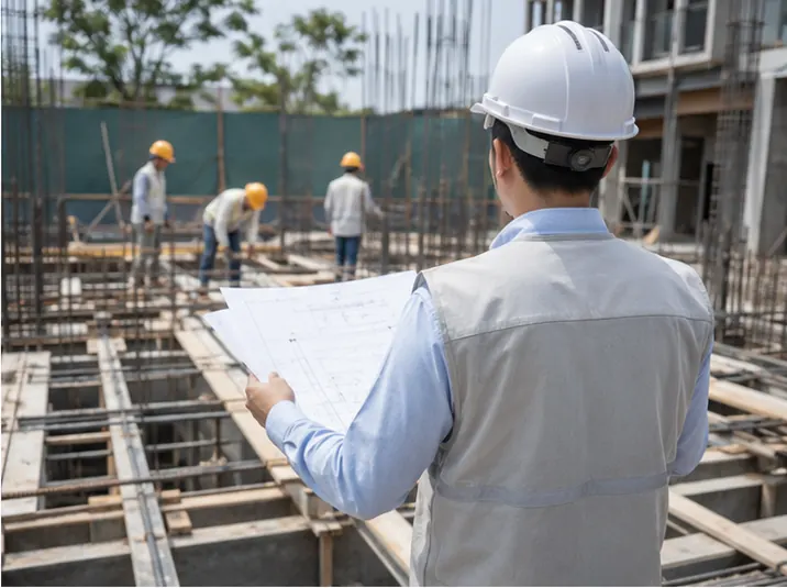 Kỹ sư giám sát kiểm tra bản vẽ tại công trường