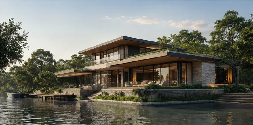 Minh họa villa hiện đại ven sông với các lớp mái ngang