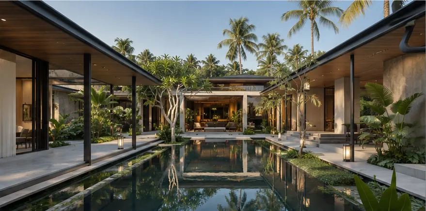 Sân trong villa nhiệt đới với hồ nước và hành lang có mái