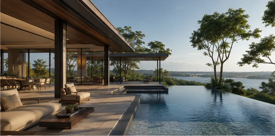 Không gian sinh hoạt villa mở ra hồ bơi vô cực