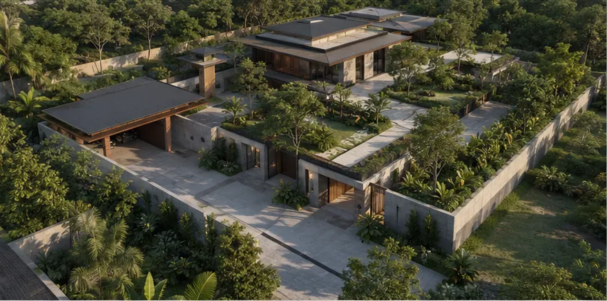 Góc nhìn trên cao minh họa quy hoạch villa và sân vườn