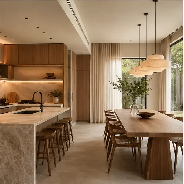 Bếp và phòng ăn hiện đại với hệ tủ thiết kế riêng