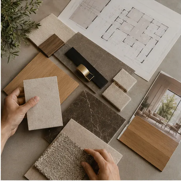 Bảng mẫu vật liệu nội thất và mặt bằng công năng