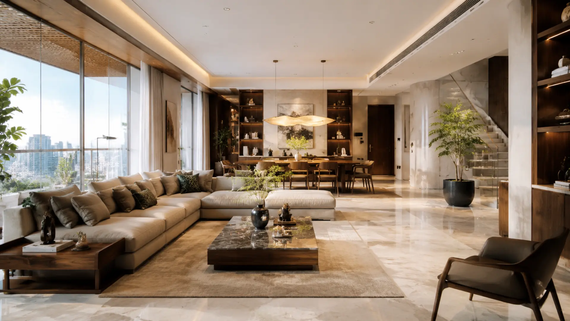 Phòng khách penthouse Luxury với đá tự nhiên và gỗ óc chó