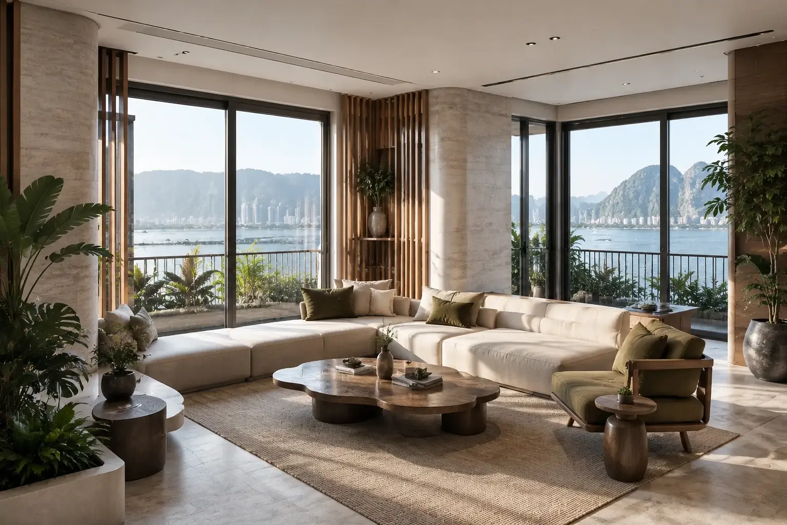 Phòng khách hai hướng nhìn – Nhà phố lô góc hiện đại tại Hạ Long, Quảng Ninh