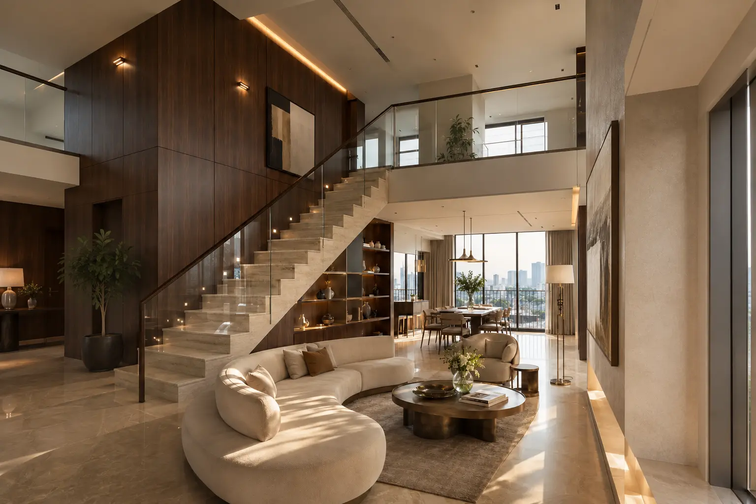 Ảnh toàn cảnh Duplex tối giản sang trọng – chiều sâu vật liệu tại TP.HCM