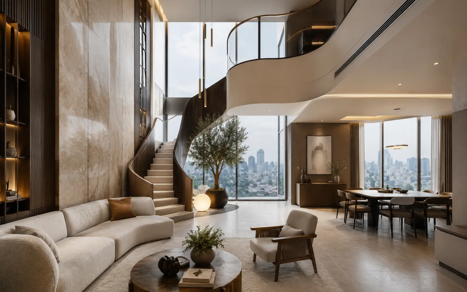 Ý tưởng penthouse thông tầng tại Hà Nội với cầu thang điêu khắc và tầm nhìn thành phố