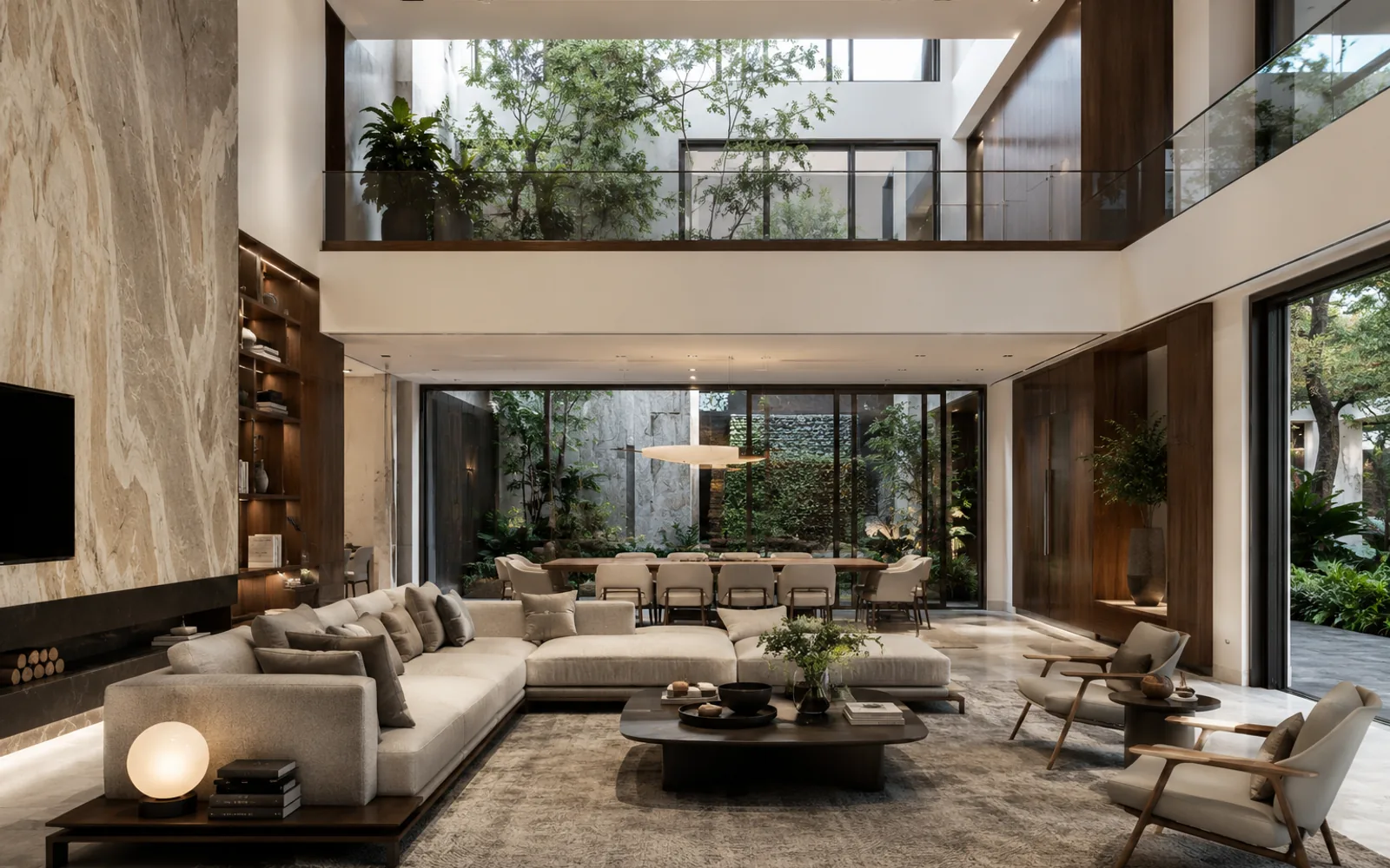 Ý tưởng phòng khách và phòng ăn Luxury với đá tự nhiên và gỗ óc chó