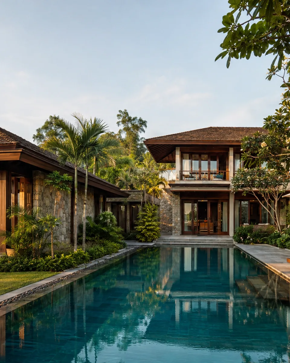 Không gian villa nghỉ dưỡng kết nối hồ bơi và khu vườn