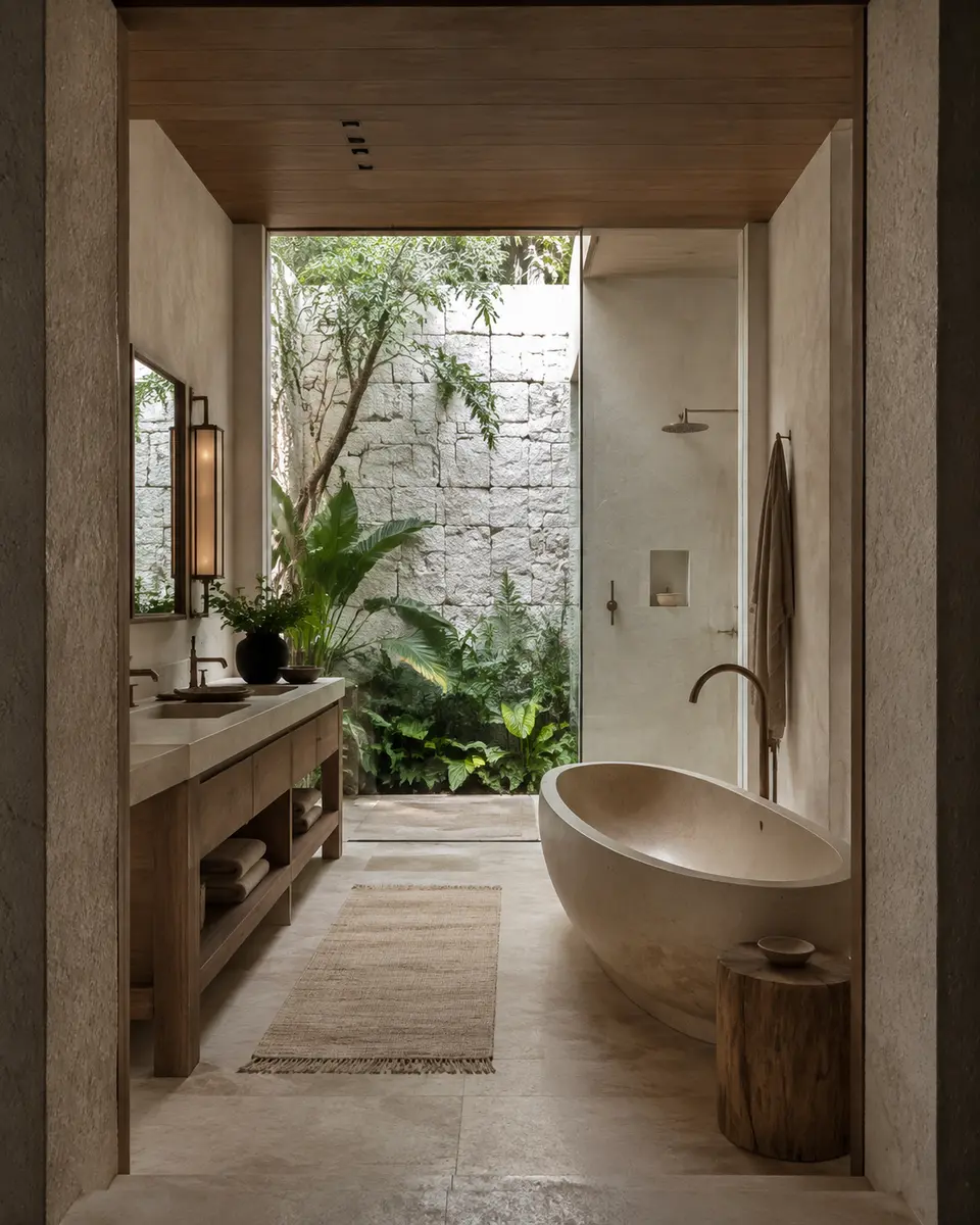 Ý tưởng phòng tắm spa riêng tư với sân vườn nhiệt đới và bồn tắm đá
