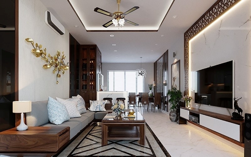 Mẫu nhà cấp 4 phòng khách liền bếp tân cổ đầy hoài niệm