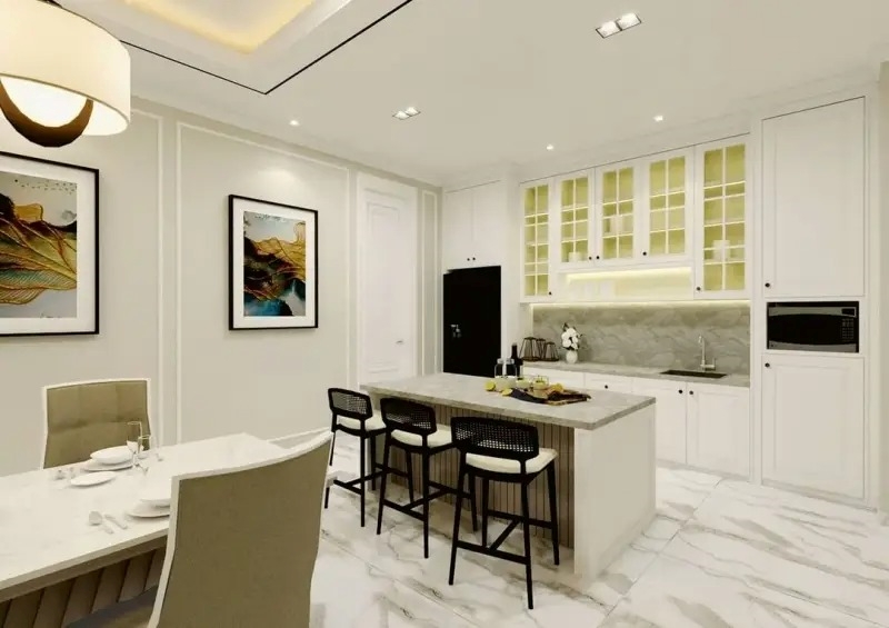 Mẫu nhà cấp 4 phòng khách liền bếp phong cách tối giản