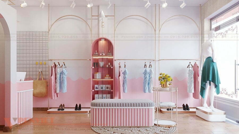 Thiết kế shop quần áo màu hồng nữ tính