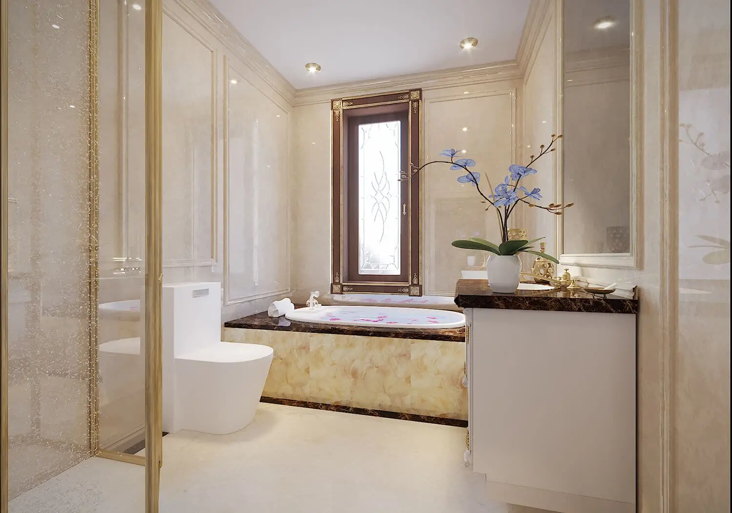Nhà vệ sinh nổi bật với các đường nét kiến trúc tân cổ điển