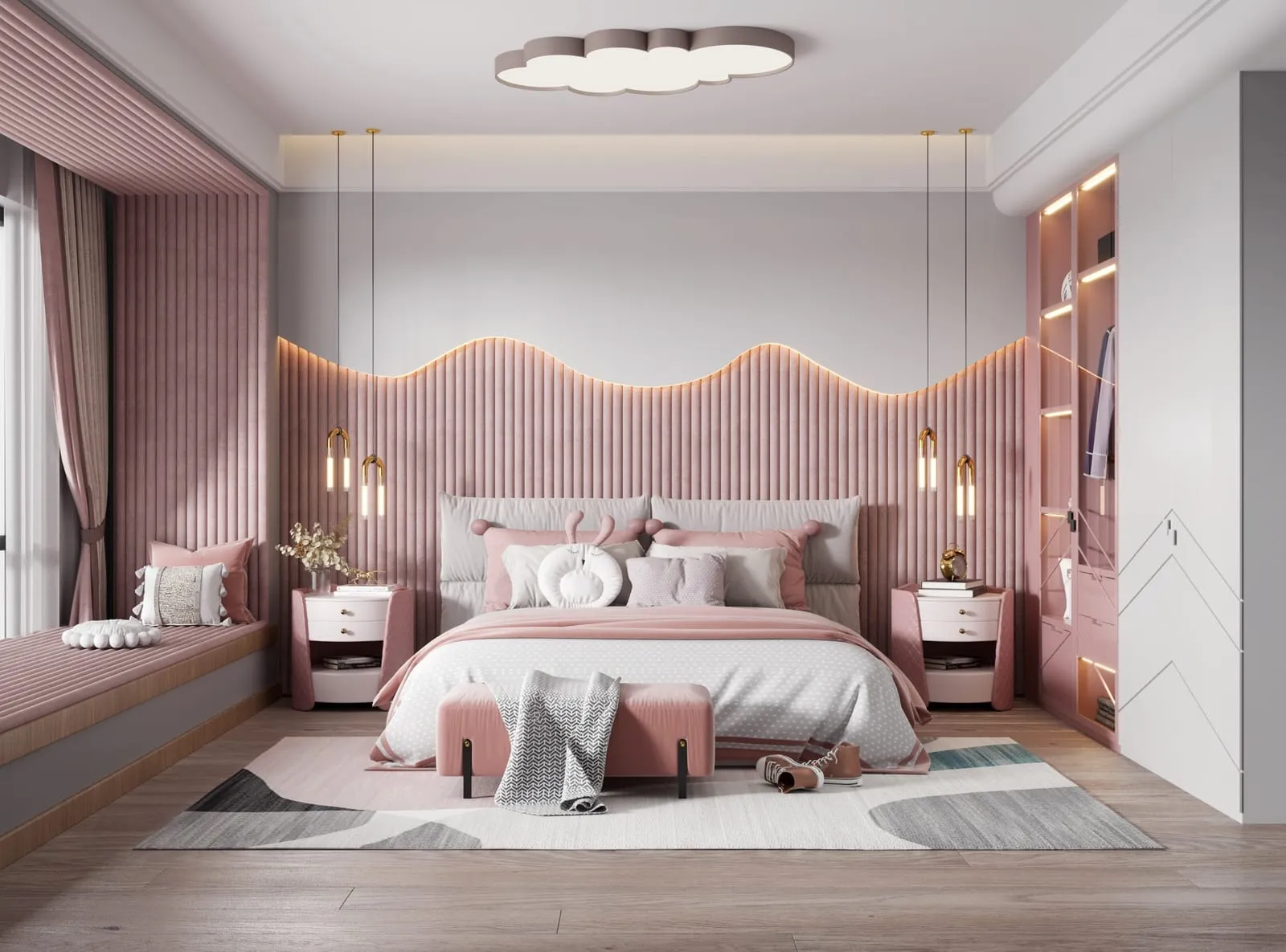 phòng ngủ màu hồng pastel