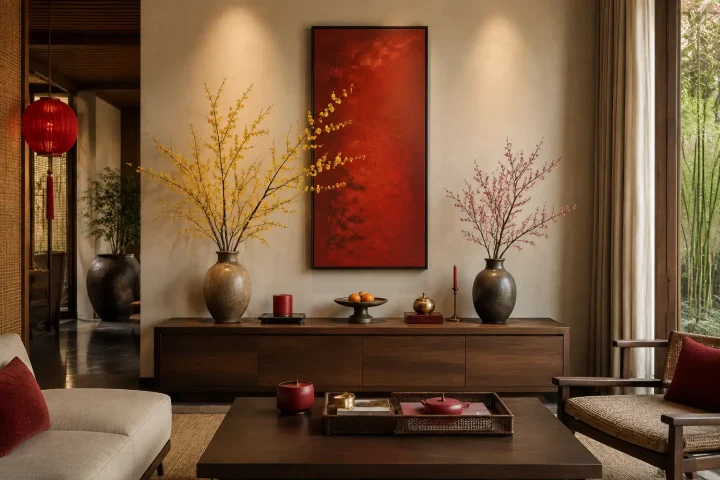 Trang trí tường phòng khách ngày Tết hiện đại với hoa mai và điểm nhấn đỏ