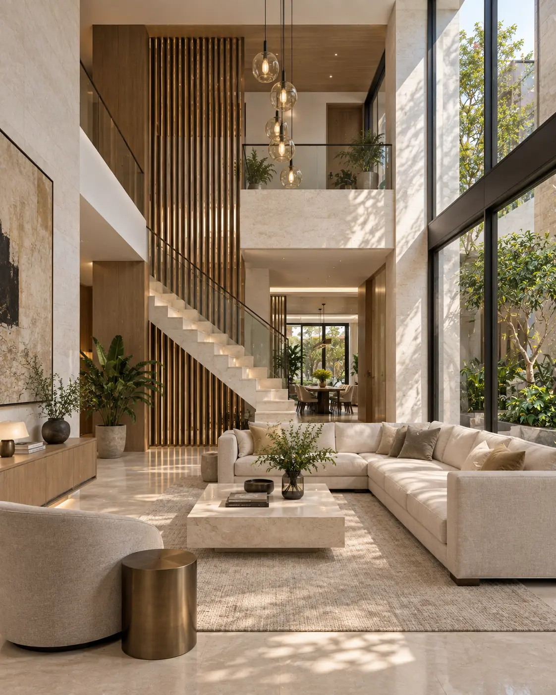 Biệt thự phố Gia Bảo – đá sáng và kim loại 4 tầng — Phòng khách thông tầng phối sofa kem, bàn thấp, đèn thả và vách gỗ cao cạnh cầu thang.
