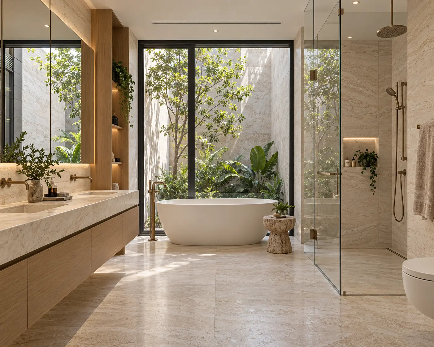 Biệt thự phố Gia Bảo – đá sáng và kim loại 4 tầng — Phòng tắm phối đá kem, gỗ và kính, có bồn tắm độc lập cạnh khoảng cây lấy sáng.