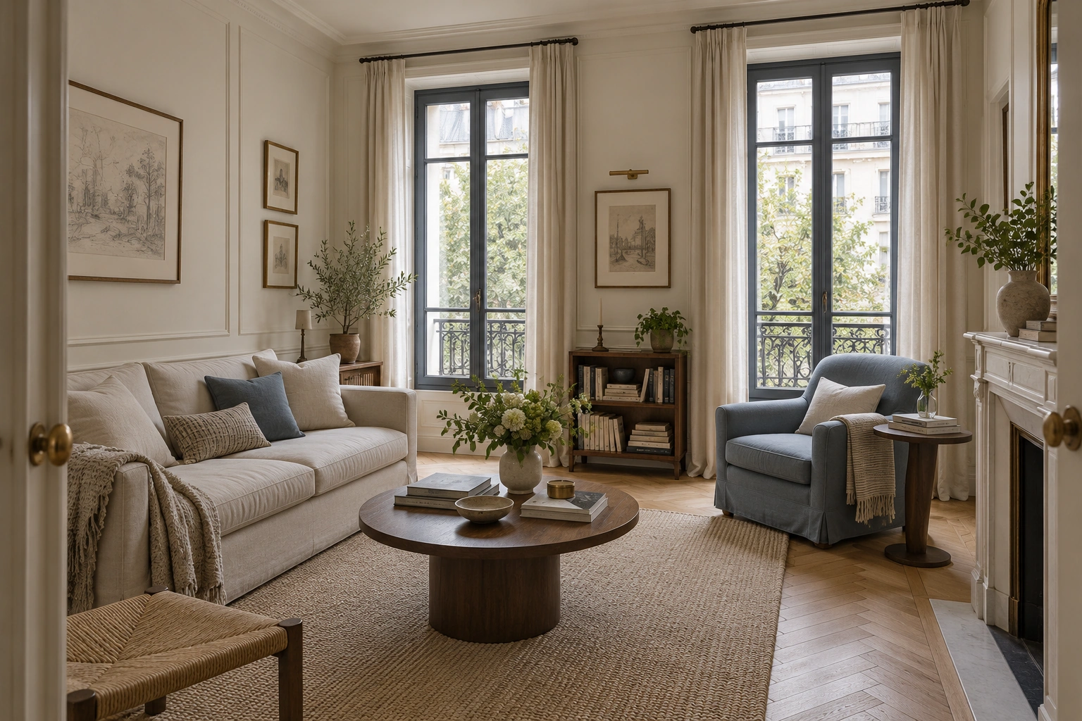 Biệt thự Minh Châu – tân cổ điển Pháp 4 tầng — Phòng khách Paris đương đại phối trắng ngà, xanh xám nhạt, gỗ sồi tự nhiên và vải linen, với đồ đạc ở quy mô gia đình.