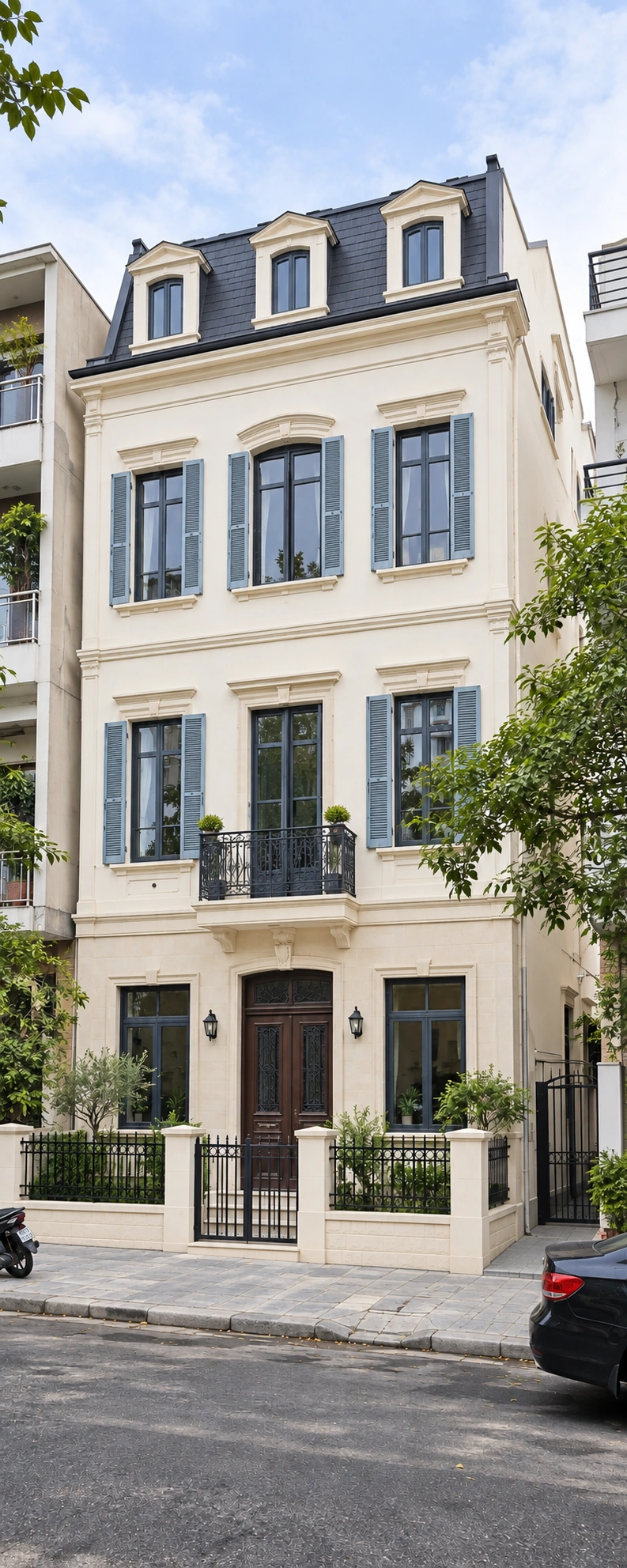 Biệt thự Minh Châu – tân cổ điển Pháp 4 tầng — Tổng thể 4 tầng với mái mansard tối với ba cửa mái; tầng trong mái được tính trong tổng số bốn tầng.