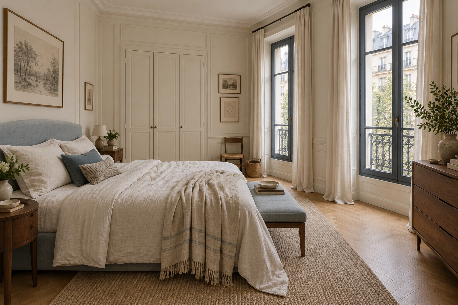 Biệt thự Minh Châu – tân cổ điển Pháp 4 tầng — Phòng ngủ tiếp nối phong cách Paris đương đại, giảm chi tiết trang trí và ưu tiên đồ vải, gỗ cùng ánh sáng dịu.