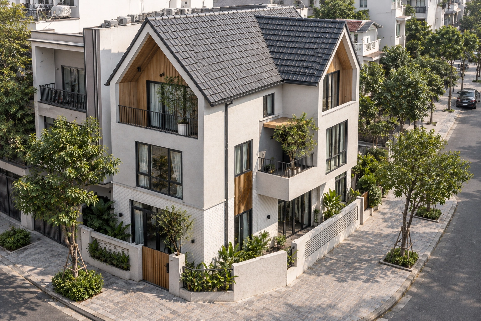 Bạch Lâm — Góc nhìn trên cao của Bạch Lâm, thể hiện cách tổ chức mái và hình khối tại lô góc.