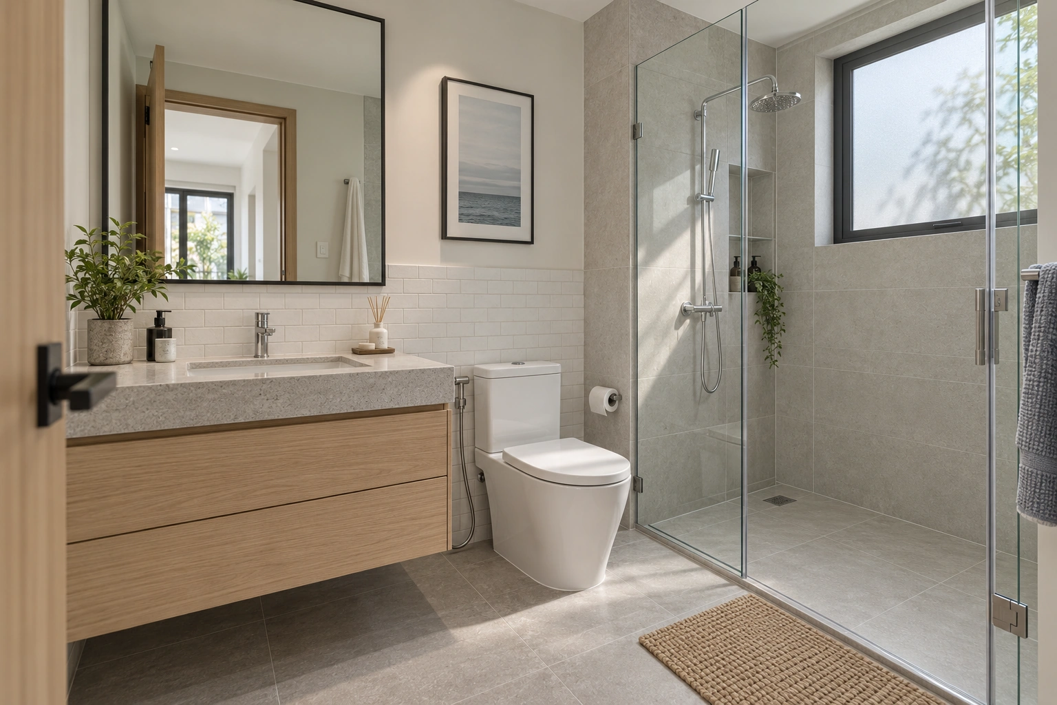 Bạch Lâm — Phòng tắm Bạch Lâm bố trí lavabo, vệ sinh và khu tắm kính riêng trong bảng màu thống nhất.