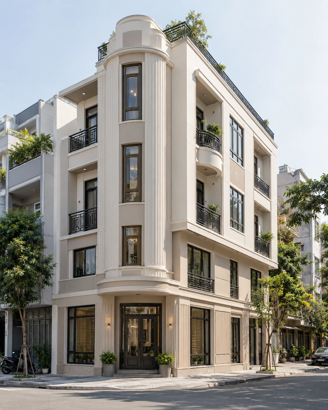 Bảo Nguyên — Góc nhìn hai mặt tiền của Bảo Nguyên, thể hiện hình khối và đặc trưng Art Deco.