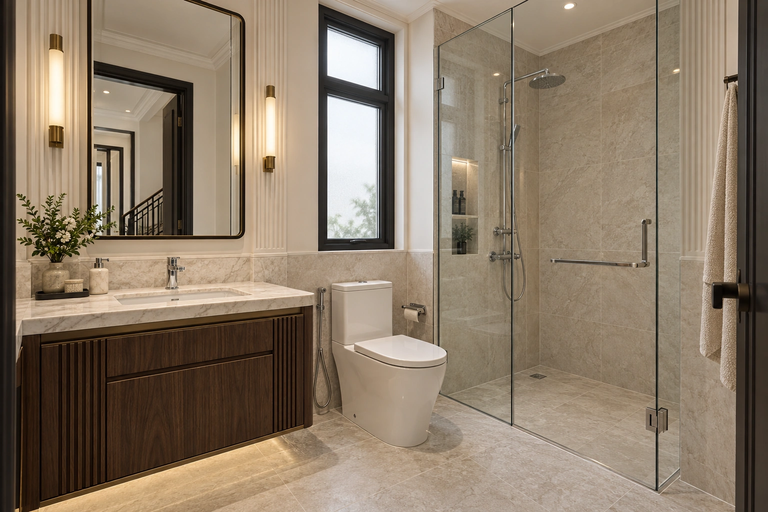 Bảo Nguyên — Phòng tắm Bảo Nguyên bố trí lavabo, vệ sinh và khu tắm kính riêng trong bảng màu thống nhất.