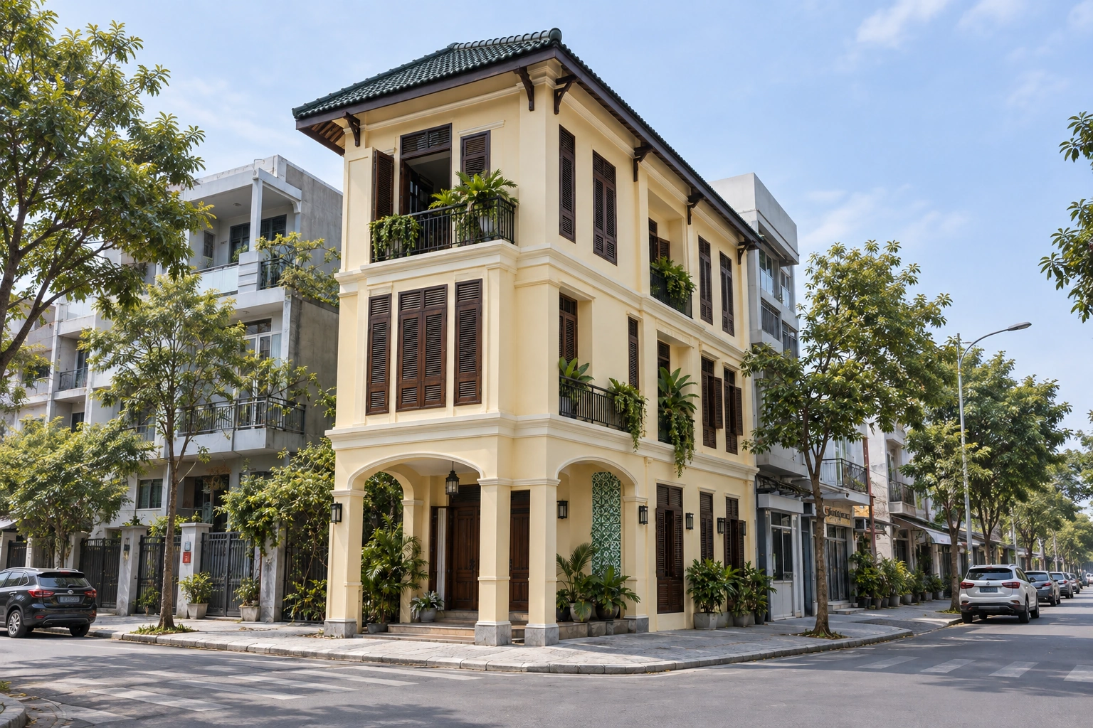 Đông Hiên — Ảnh bìa ngang của Đông Hiên, thể hiện trọn nhà tại góc phố với cửa chớp gỗ, đường diềm và mái ngói xanh.