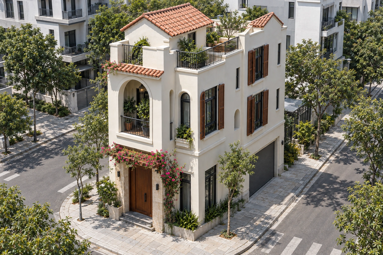 Hải Vân — Góc nhìn trên cao của Hải Vân, thể hiện cách tổ chức mái và hình khối tại lô góc.