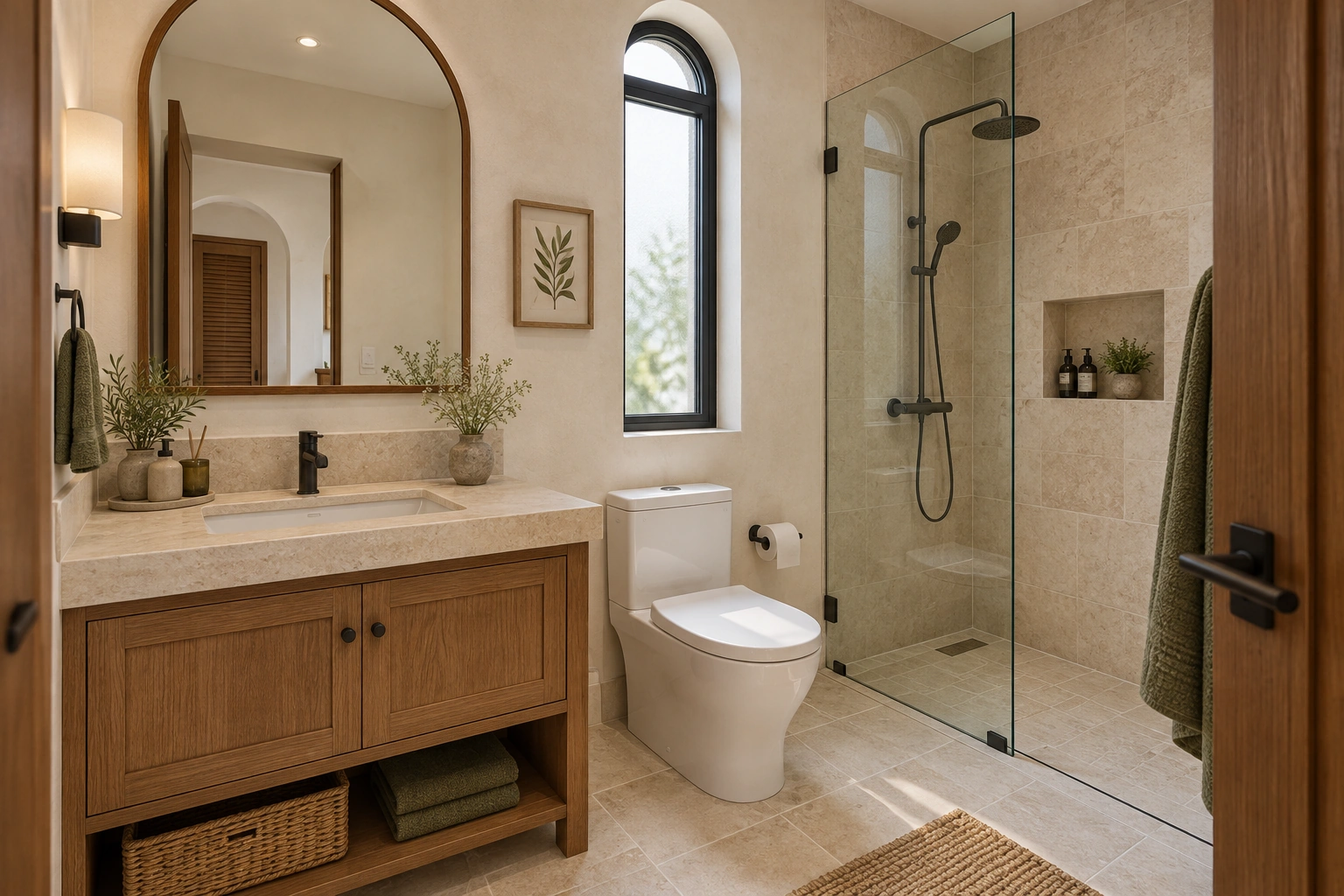 Hải Vân — Phòng tắm Hải Vân bố trí lavabo, vệ sinh và khu tắm kính riêng trong bảng màu thống nhất.