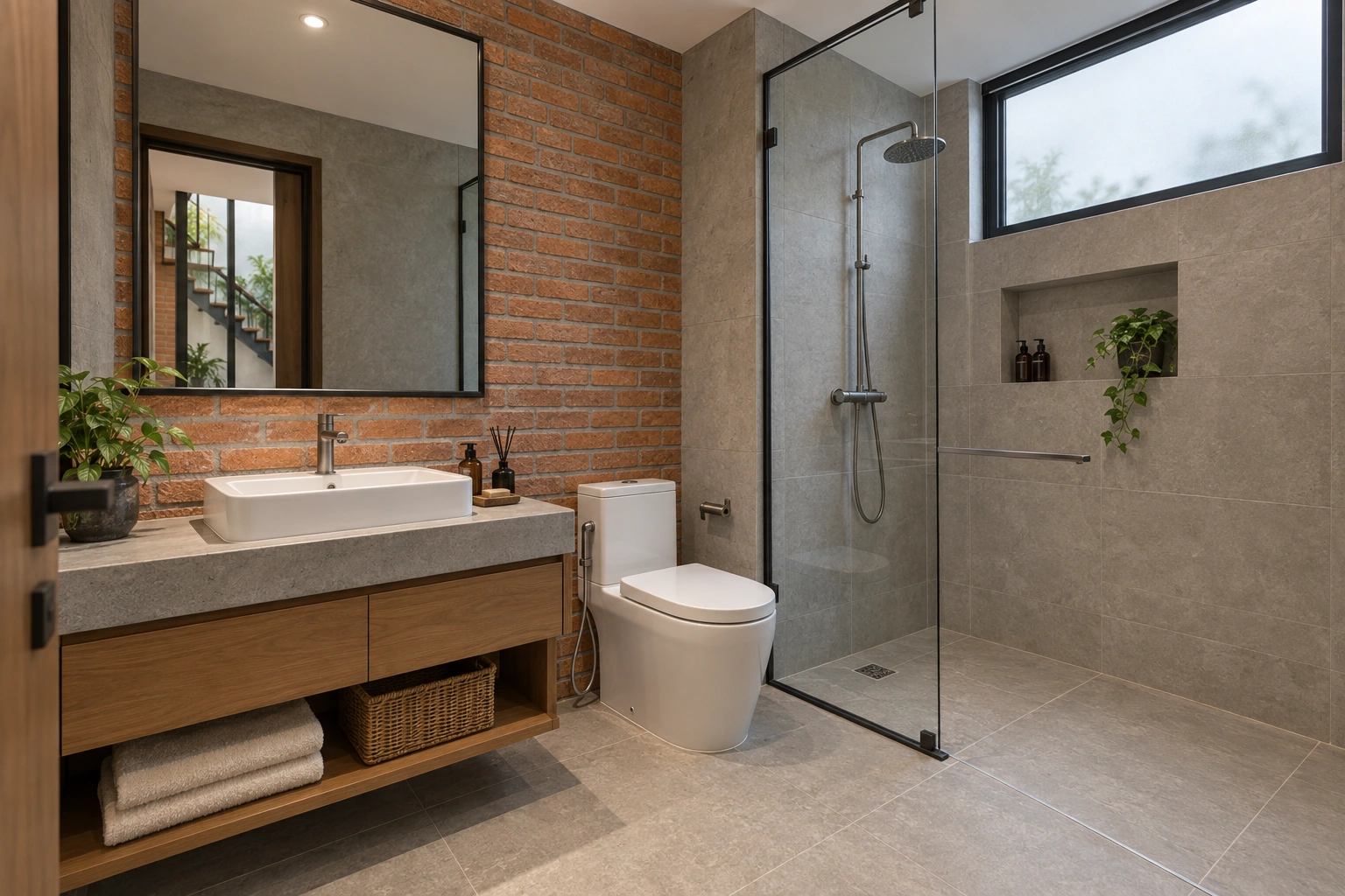 Hồng Sơn — Phòng tắm Hồng Sơn bố trí lavabo, vệ sinh và khu tắm kính riêng trong bảng màu thống nhất.