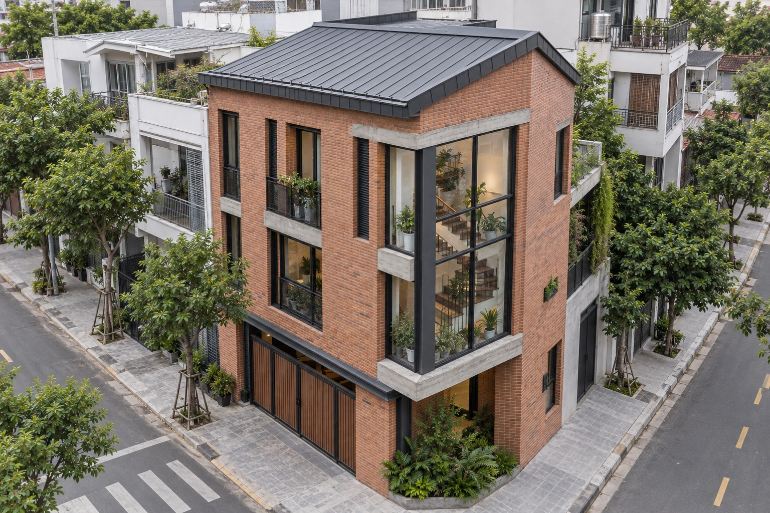 Hồng Sơn — Góc nhìn trên cao của Hồng Sơn, thể hiện cách tổ chức mái và hình khối tại lô góc.