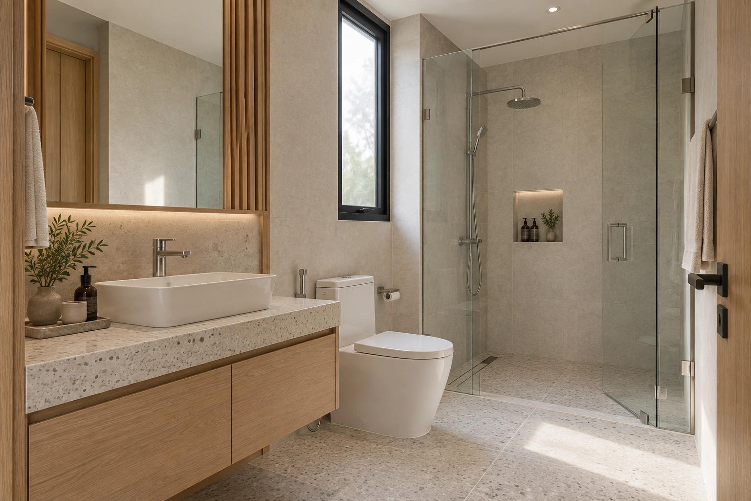 Mộc Nhiên — Phòng tắm Mộc Nhiên bố trí lavabo, vệ sinh và khu tắm kính riêng trong bảng màu thống nhất.