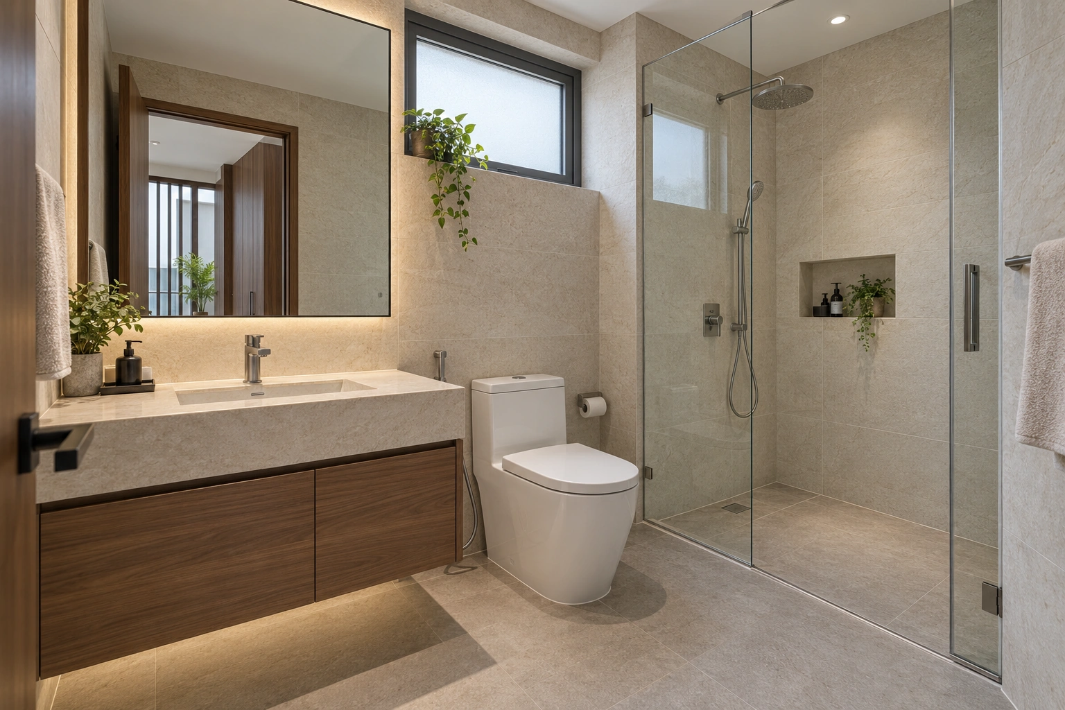Quang Minh — Phòng tắm Quang Minh bố trí lavabo, vệ sinh và khu tắm kính riêng trong bảng màu thống nhất.