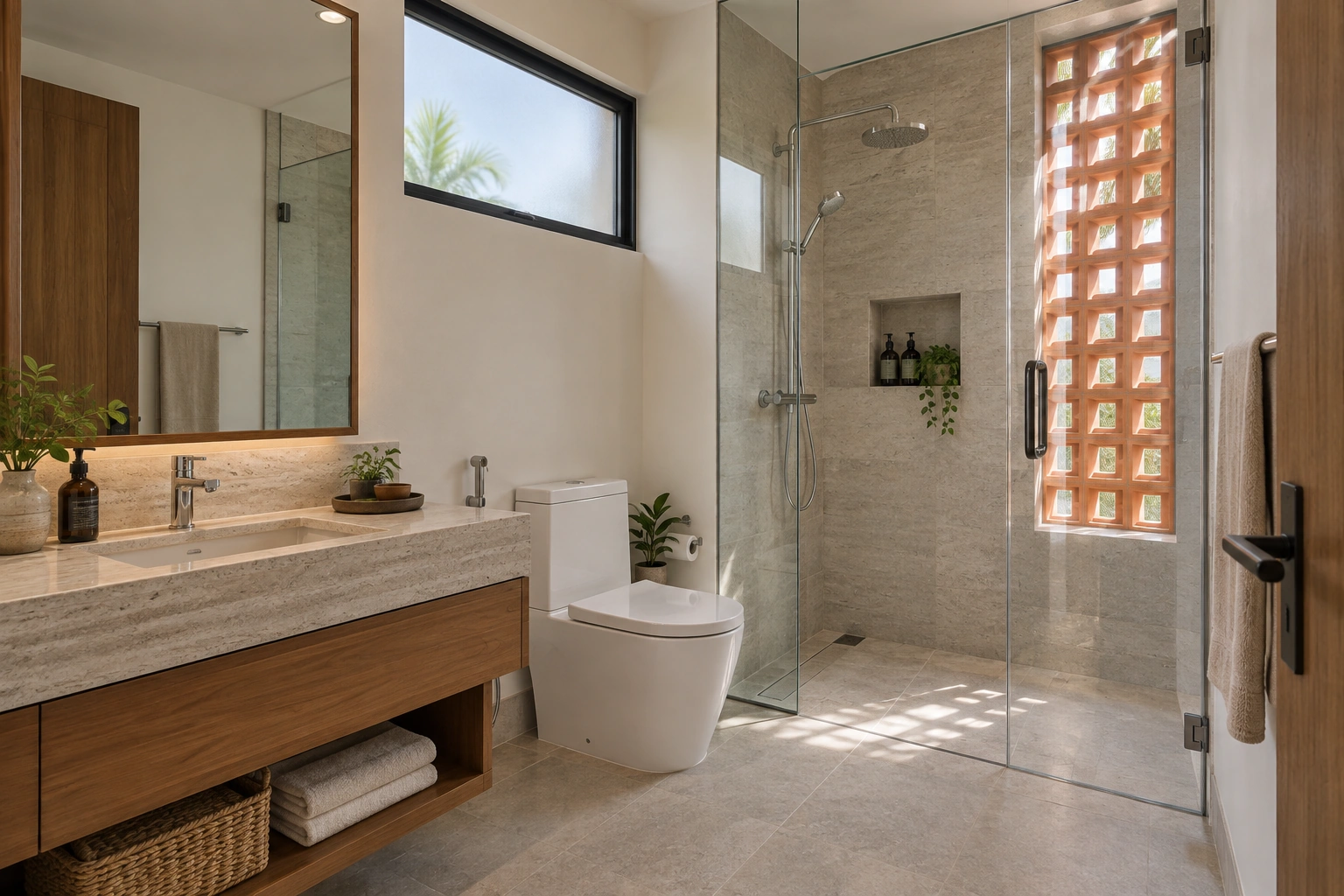 Trúc Lâm — Phòng tắm Trúc Lâm bố trí lavabo, vệ sinh và khu tắm kính riêng trong bảng màu thống nhất.