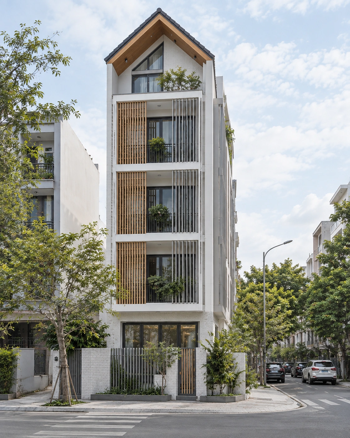 Bạch Dương — Mặt đứng Bạch Dương thể hiện nhịp tầng, cửa và lớp lam đứng xám nhạt từ góc nhìn trực diện.