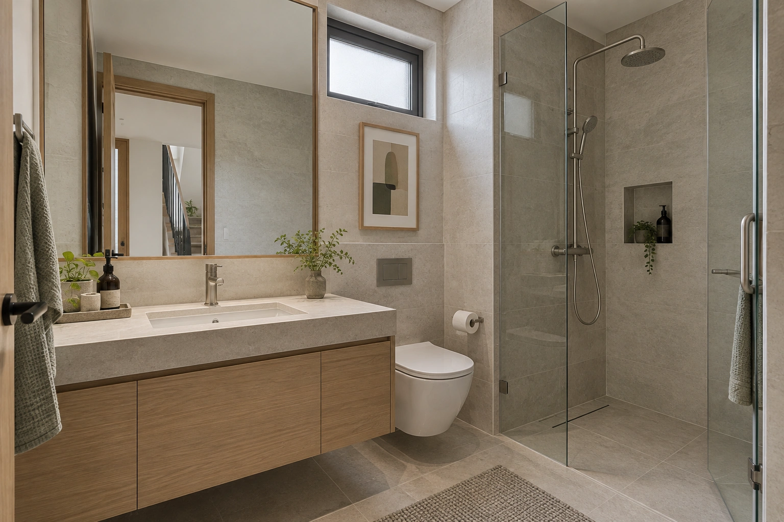 Bạch Dương — Phòng tắm Bạch Dương thể hiện khu lavabo, buồng tắm kính và bề mặt hoàn thiện cùng sắc độ.