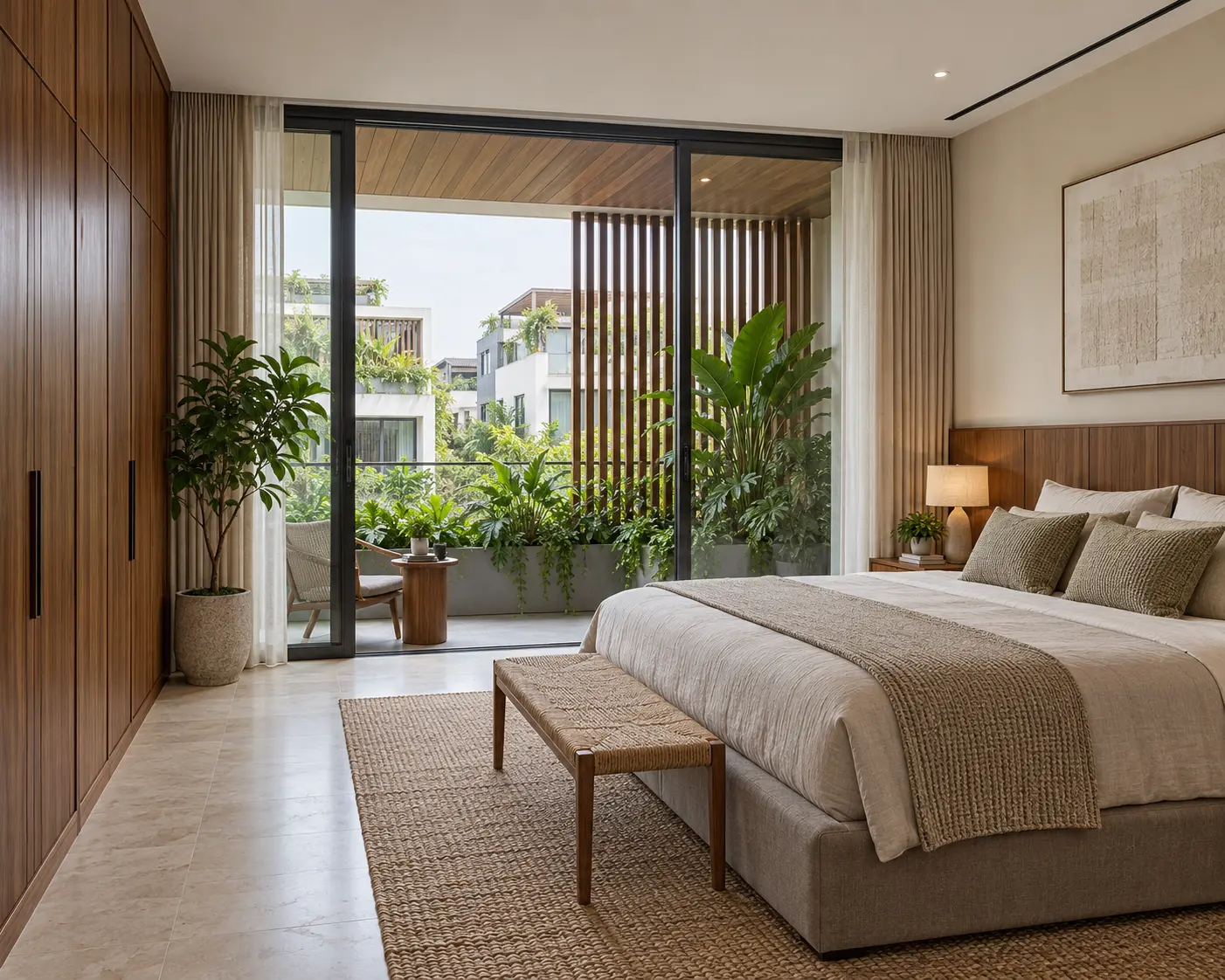 Biệt thự phố An Phúc – nhiệt đới 4 tầng — Phòng ngủ chính có mảng đầu giường gỗ, giường màu be và cửa kính mở về ban công xanh.