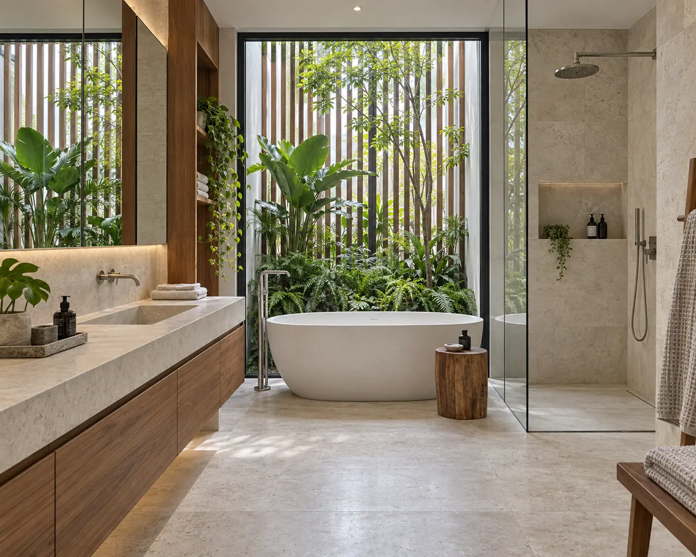 Biệt thự phố An Phúc – nhiệt đới 4 tầng — Tủ lavabo gỗ và bồn tắm trắng đặt cạnh ô cửa cao có cây xanh và lớp lam bên ngoài.