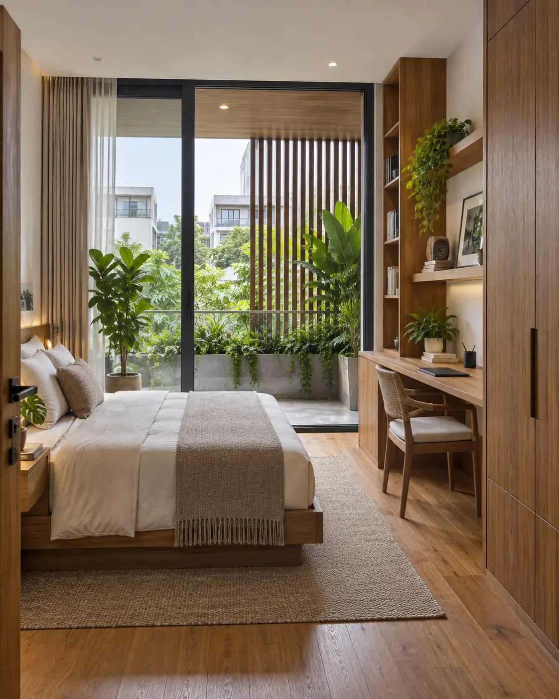 Biệt thự phố An Phúc – nhiệt đới 4 tầng — Phòng ngủ phụ bố trí giường, bàn làm việc và kệ sách gỗ sát cửa ra ban công.