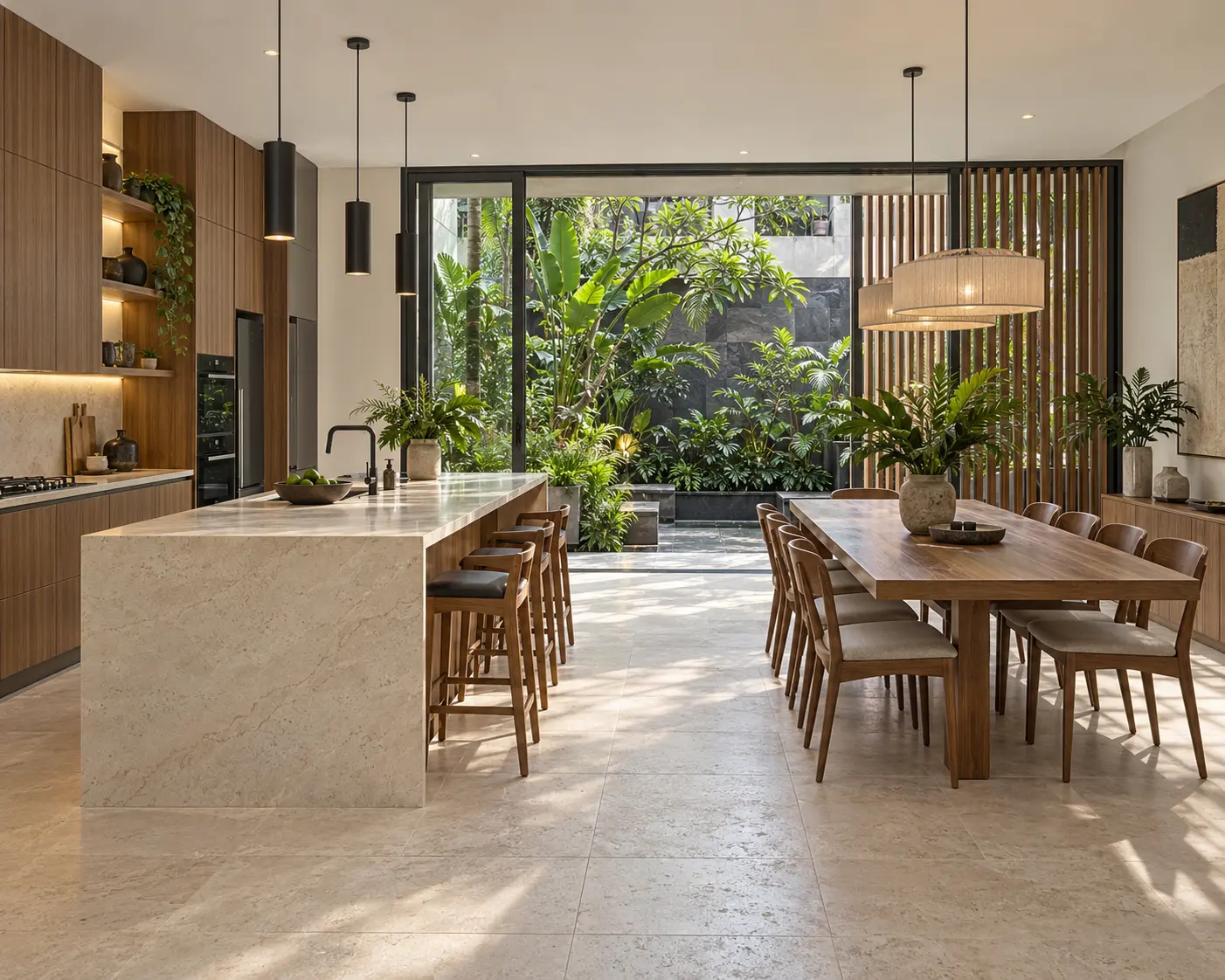 Biệt thự phố An Phúc – nhiệt đới 4 tầng — Đảo bếp đá kem, bàn ăn dài và đèn thả tạo không gian dùng bữa nhìn ra khu vườn.