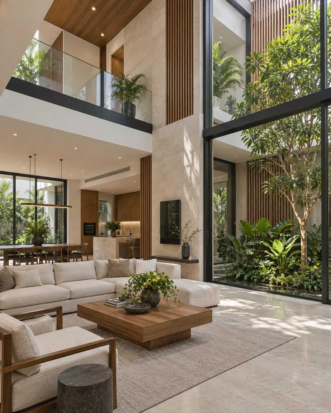 Biệt thự phố An Phúc – nhiệt đới 4 tầng — Phòng khách cao hai tầng sử dụng sofa kem, bàn gỗ và mảng kính cao sát vườn cây.
