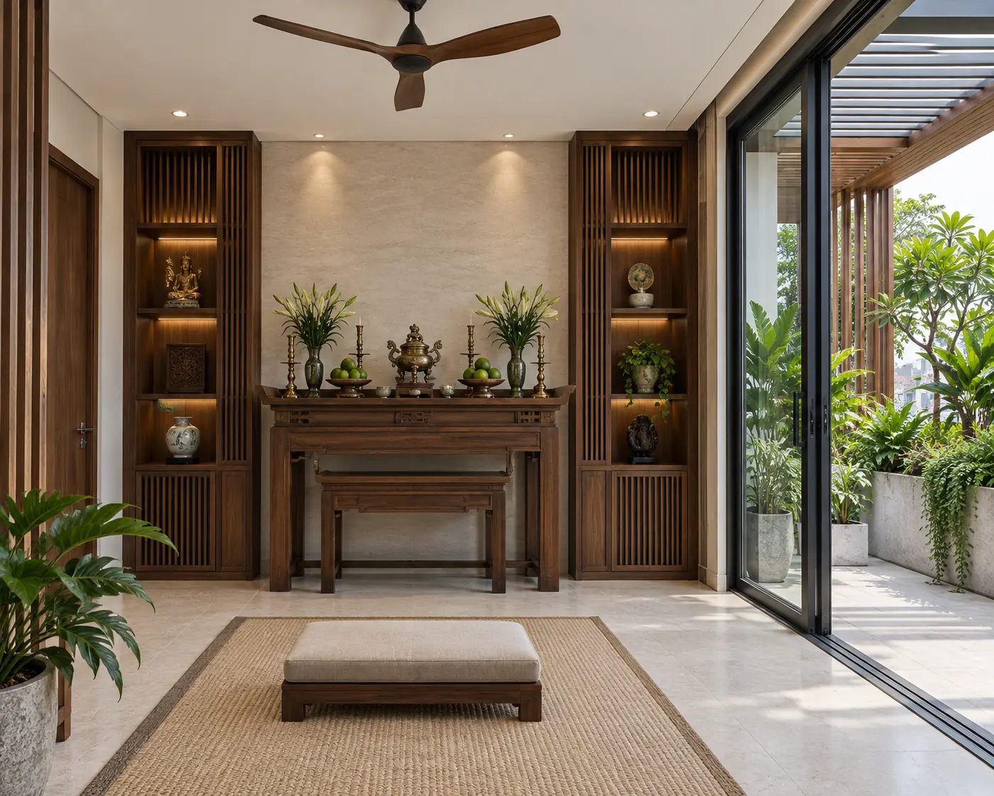 Biệt thự phố An Phúc – nhiệt đới 4 tầng — Phòng thờ gỗ sẫm với hai tủ âm, quạt trần và cửa mở về sân mái trồng cây.